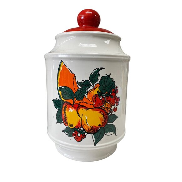 Vintage Italian Ceramic Canister With Hand-Painted Fruit Motif & Red Lid - Picture 1 of 9